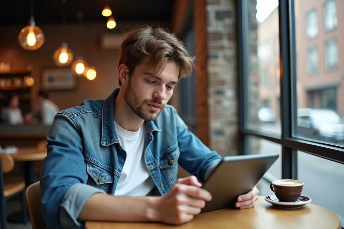Jeune homme lisant le scan Just Friends sur une tablette dans un café urbain moderne