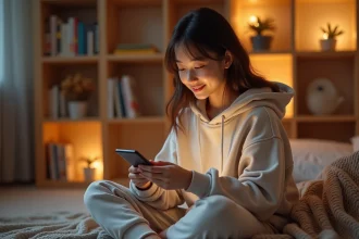 Jeune femme lisant un webtoon Just Friends sur son smartphone dans une chambre cosy entourée de mangas