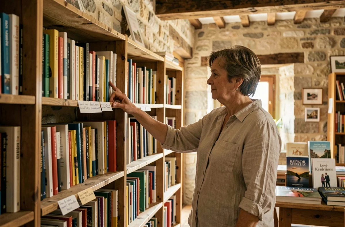 Librairie de village Le Bleuet à Banon avec des murs en pierre, des étagères en bois et une cliente parcourant les rayons dans un cadre rustique et chaleureux