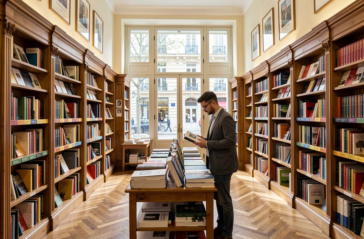 Intérieur soigné de la Librairie Goulard à Aix-en-Provence avec de hautes étagères en bois, un parquet brillant et un client feuilletant un livre sur une table de présentation