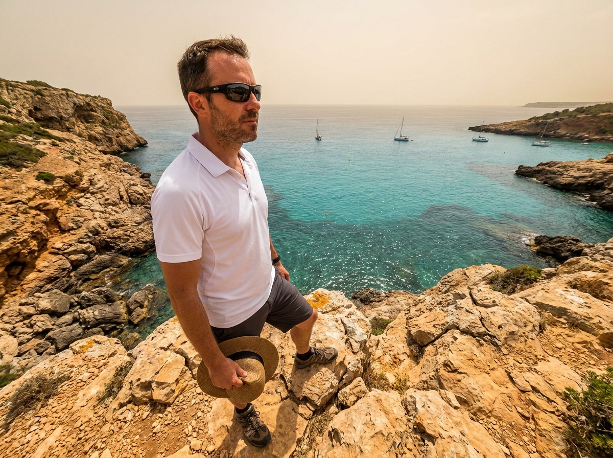 Homme avec lunettes de soleil polarisées sur falaises rocheuses en bord de mer méditerranéen