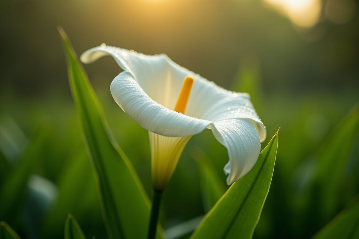 Lys blanc en fleurs dans un jardin au matin avec rosée