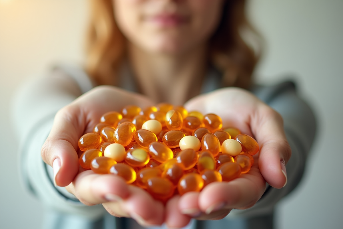 Main tenant des capsules de vitamine B en excès avec expression préoccupée