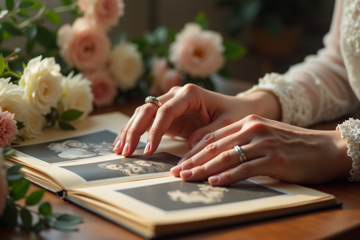 Mains avec alliance touchant un album de mariage ancien