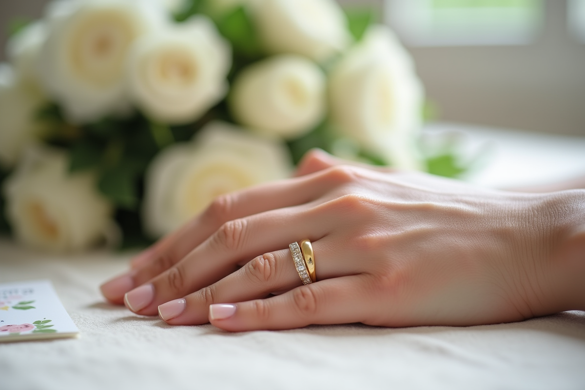 Mains entrelacees avec bagues de mariage sur une nappe claire