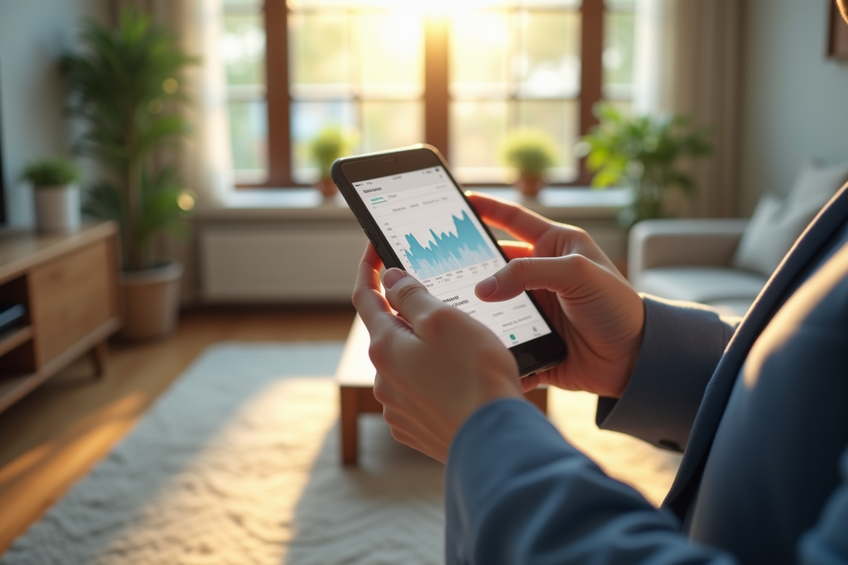 Mains manipulant un smartphone avec tableau financier en arrière-plan