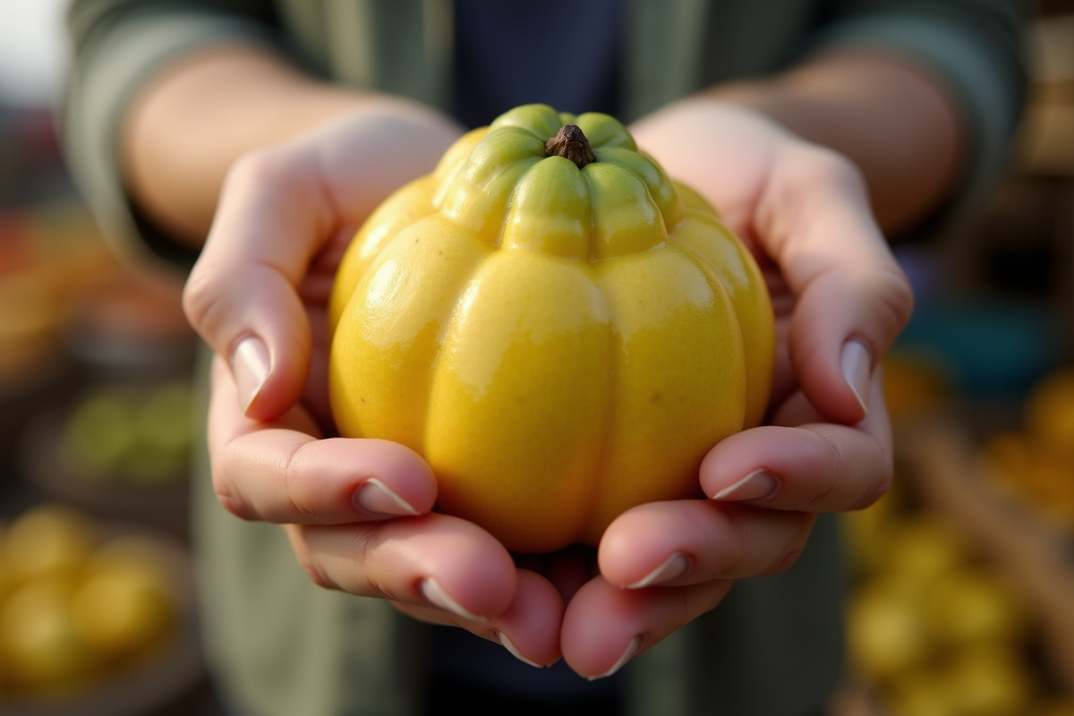 Mains tenant un ugli fruit dans un marché extérieur