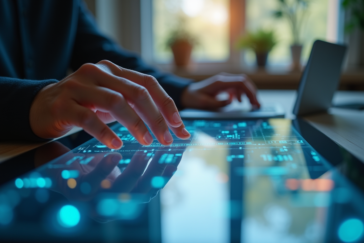 Mains élégantes interagissant avec des écrans tactiles futuristes
