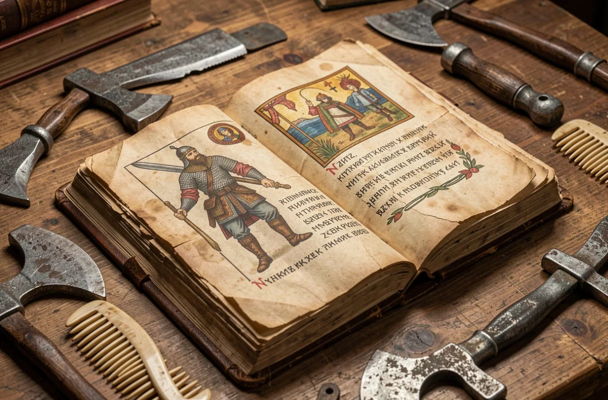 Manuscrit médiéval illustré ouvert sur un bureau d'historien avec des artefacts vikings, référence aux sources historiques sur Björn Côte-de-Fer