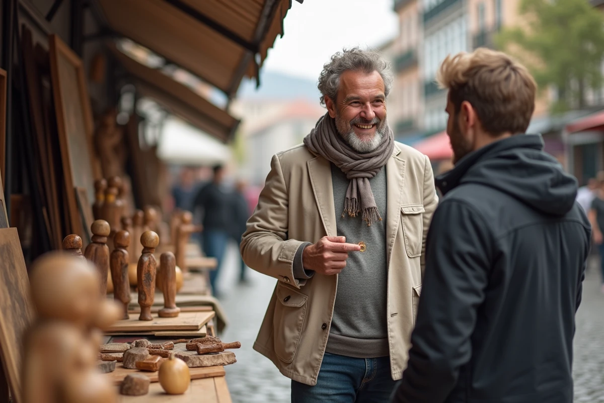 Vendeur d sculptures en bois au marché en plein air