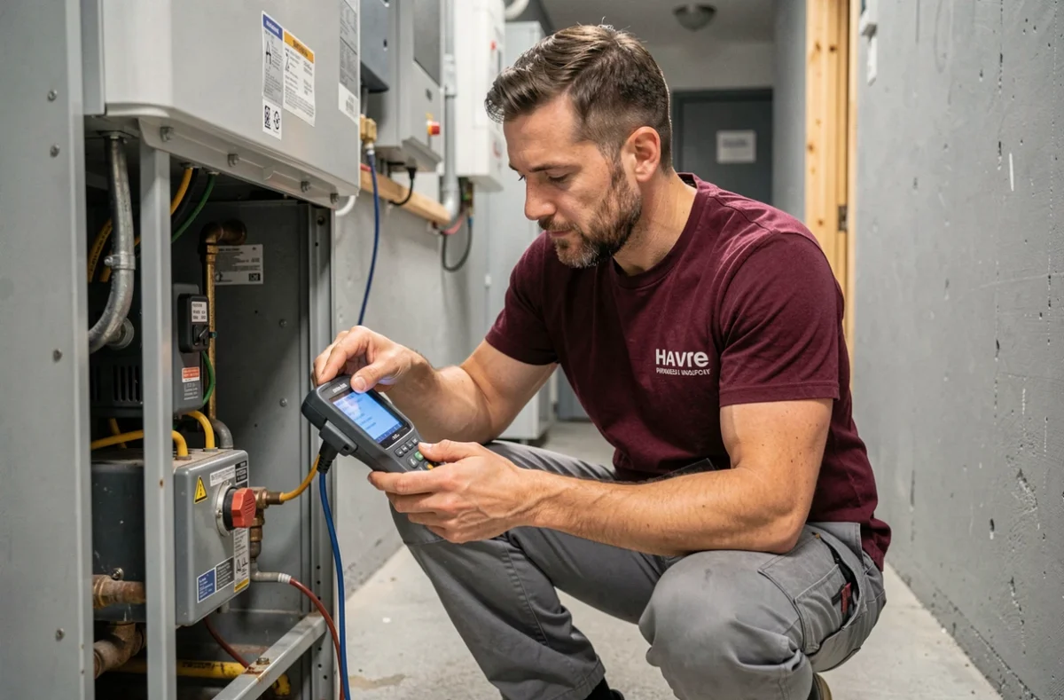 Un technicien de Mariaud Services diagnostique une chaudière dans le couloir d'un immeuble résidentiel havrais à l'aide d'un appareil de mesure numérique