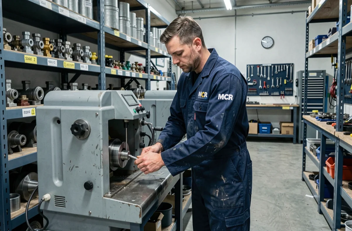 Un technicien MCR utilise une machine à fileter les tuyaux dans l'atelier de l'entreprise, révélant l'équipement professionnel et l'environnement de travail organisé