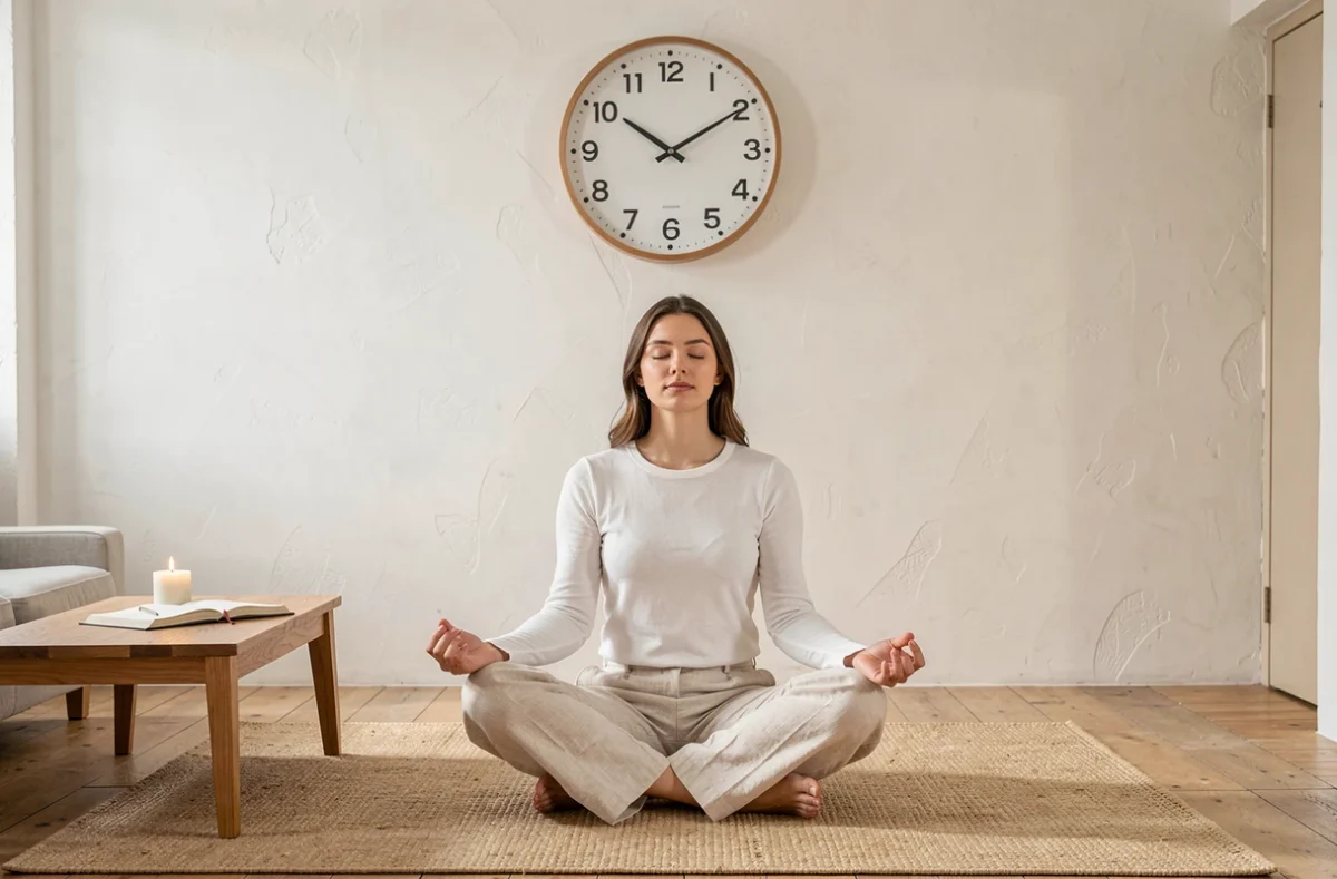 Femme en méditation dans un salon minimaliste avec horloge murale indiquant 20h20