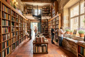 Intérieur chaleureux d'une librairie indépendante provençale avec des étagères en bois, un carrelage en terre cuite et une porte bleue ouvrant sur une rue pavée