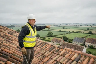 Couvreur professionnel sur un toit de tuiles en Normandie avec vue sur les collines de l'Eure