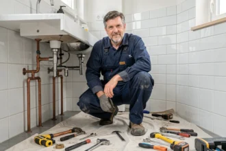 Un plombier professionnel en combinaison de travail intervient sous un évier dans un appartement au Havre, illustrant le classement des meilleurs plombiers de la ville