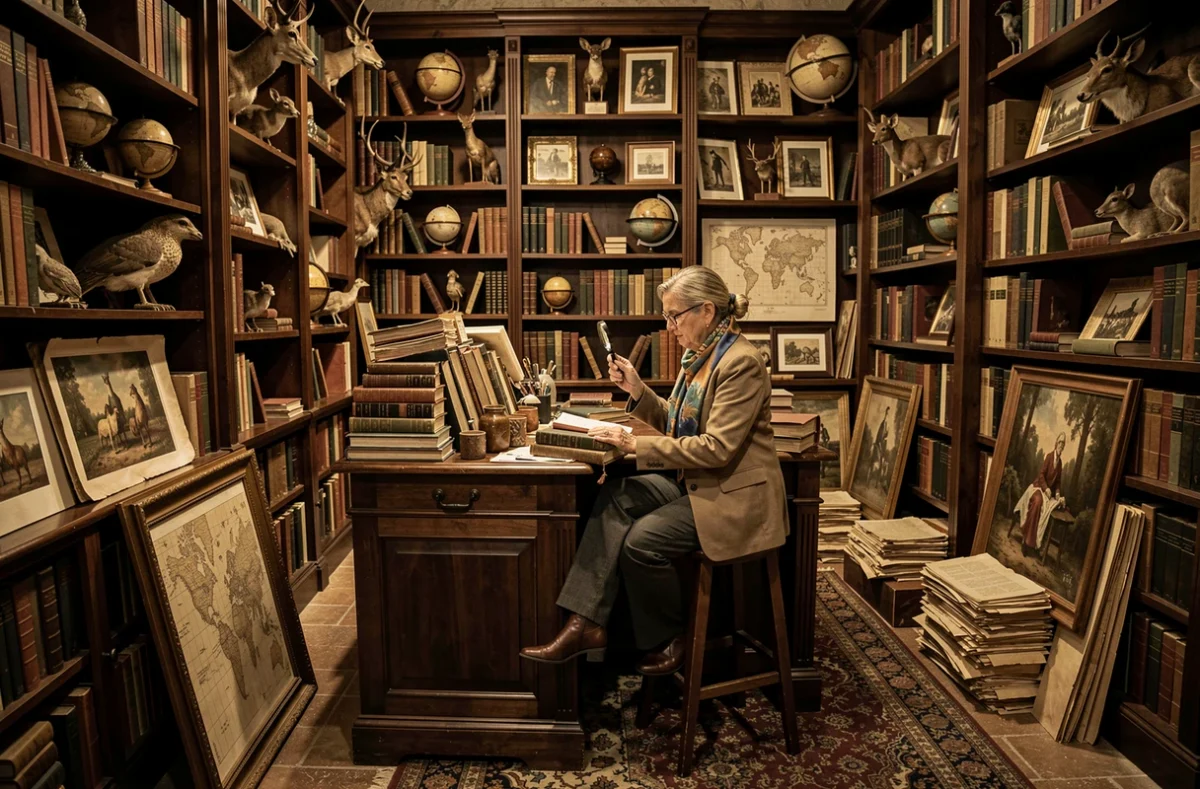 La Mémoire du Monde à Avignon, librairie de curiosités avec des livres anciens, des cartes, des globes et des objets insolites disposés sur des étagères en bois sombre