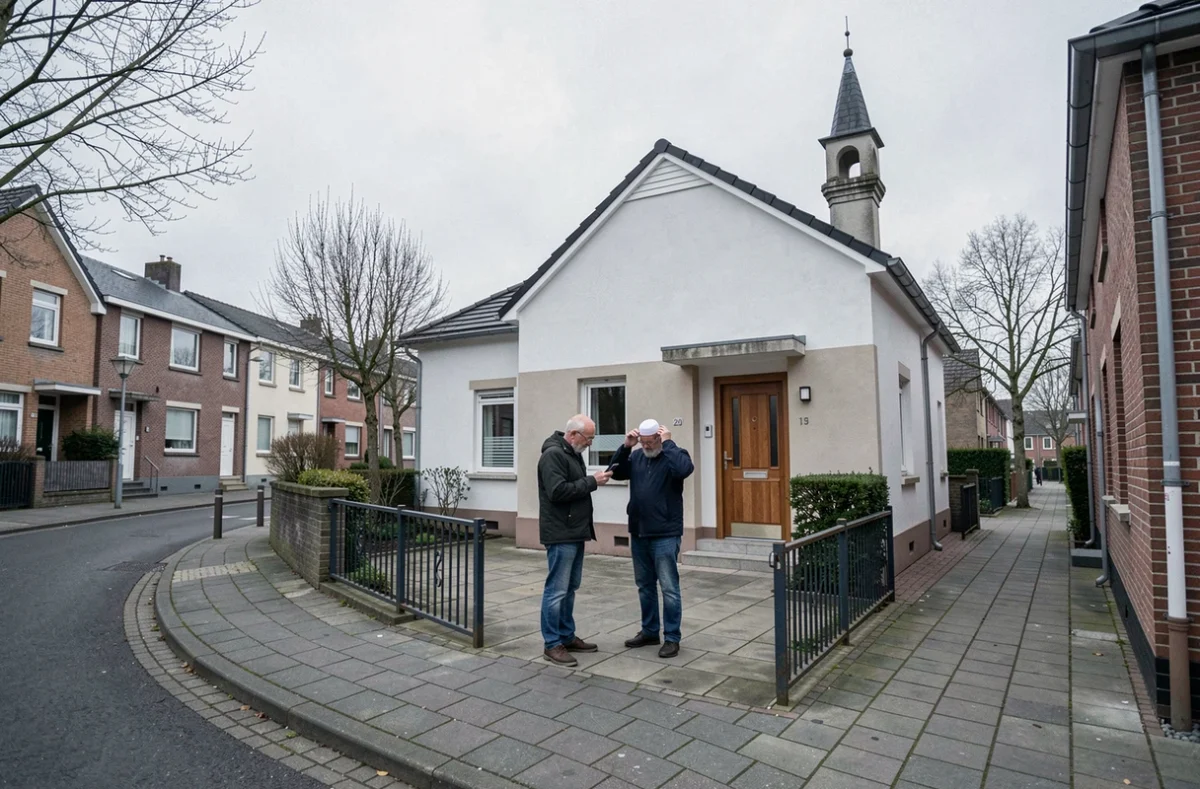 Mosquée de quartier à Mons-en-Barœul avec fidèles consultant l'heure de la prière