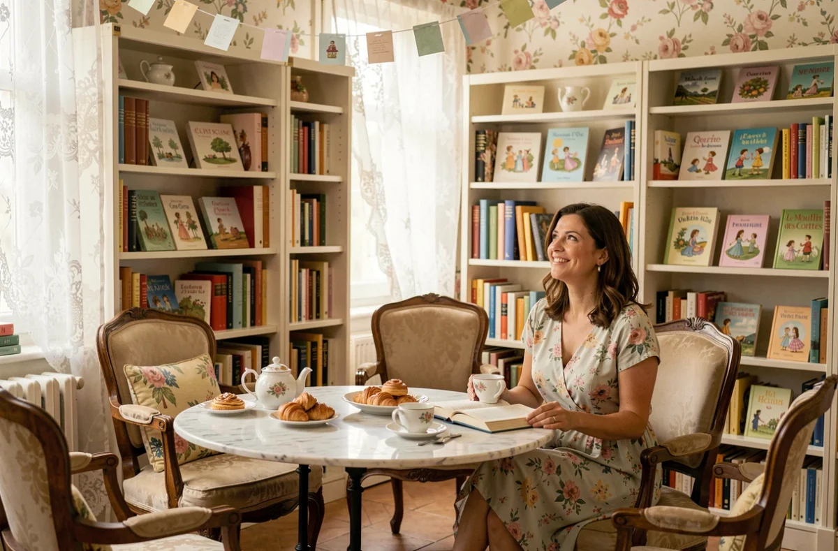 Le Moulin des Contes à Hyères, salon de thé littéraire avec des fauteuils vintage, des livres de contes sur les étagères et une cliente lisant autour d'un thé et de pâtisseries
