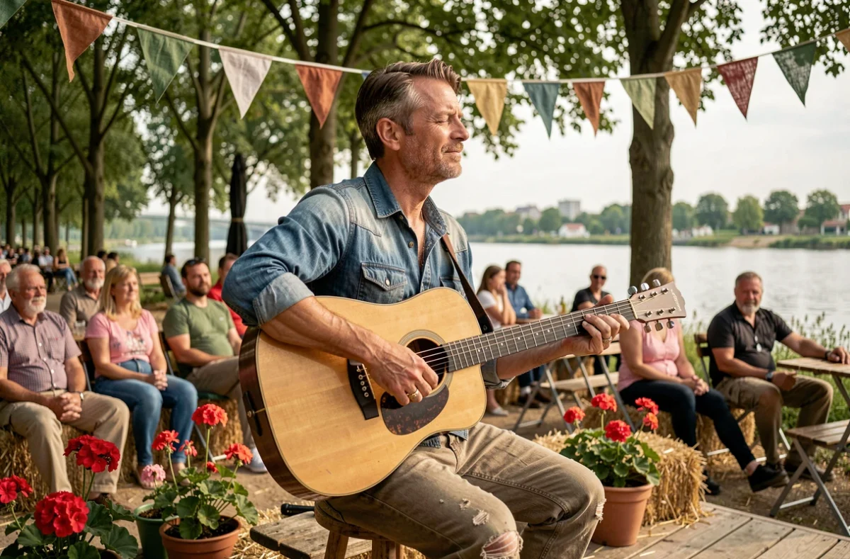 Musicien jouant de la guitare acoustique sur scène en plein air à la guinguette de La Madeleine près de Lille