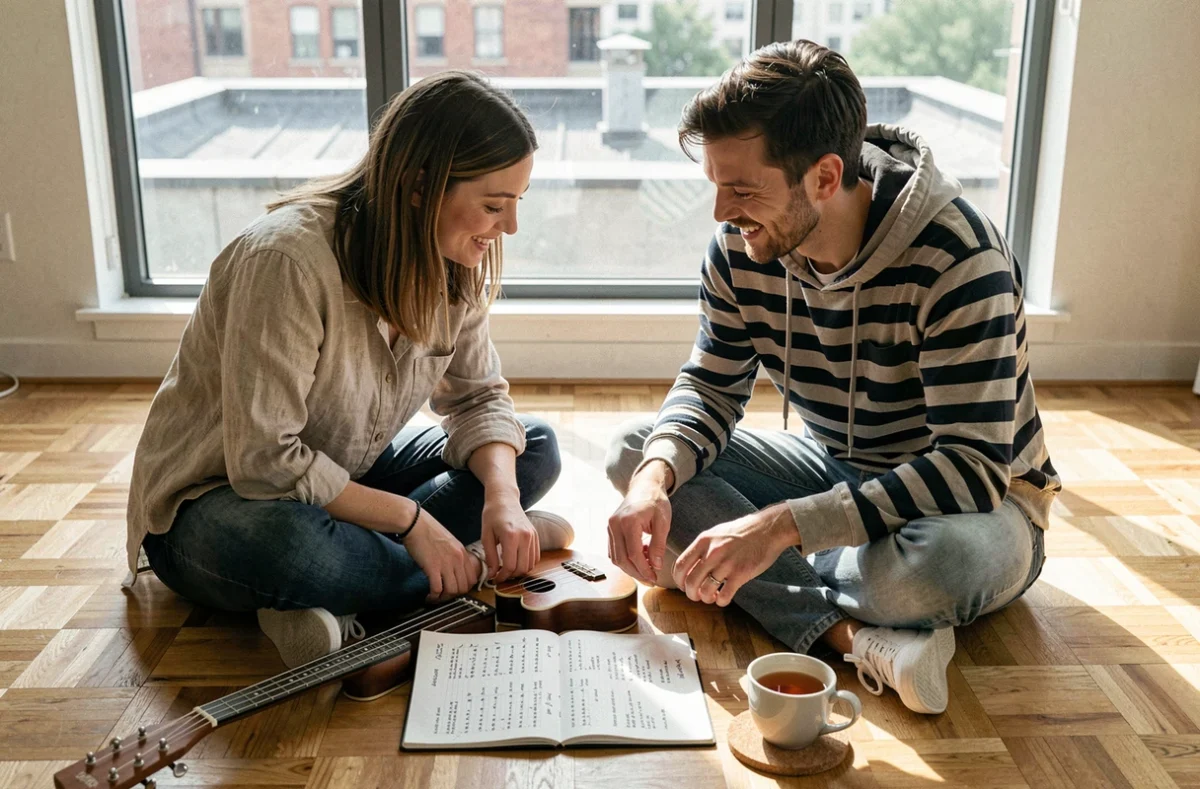 Deux musiciens comparant des grilles d'accords transposés pour chanter Je te promets dans la bonne tonalité