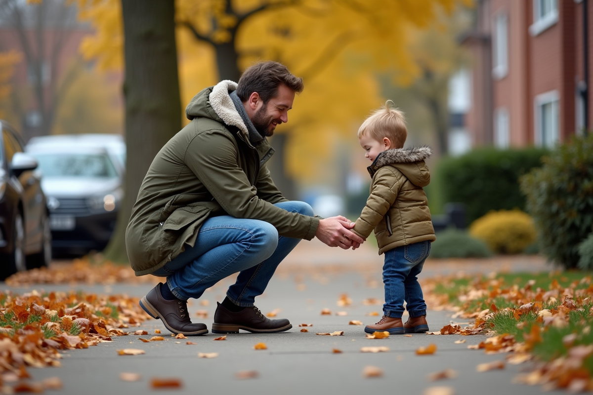 Père aidant son enfant à lacer ses chaussures dans la rue