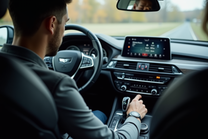 Personne entrant un code sur le tableau de bord de la voiture