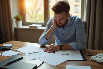 Personne à un bureau regardant des documents succession et refus
