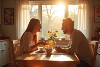 Couple heureux partageant un petit déjeuner anniversaire à la maison