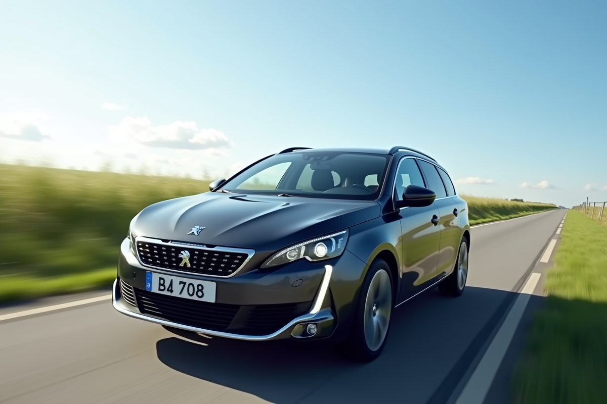 Peugeot 408 hybride roulant en campagne en plein jour