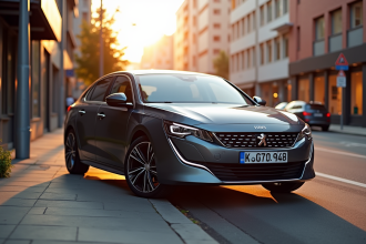 Peugeot 408 hybride en ville au coucher du soleil