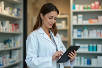 Pharmacienne en blouse blanche consultant une tablette numérique dans une officine moderne à Aix-en-Provence