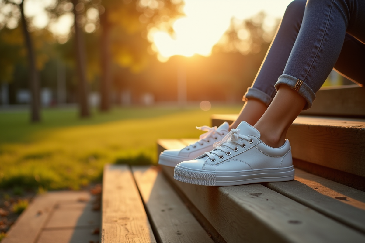 Pieds en sneakers blanches sur des marches en plein air