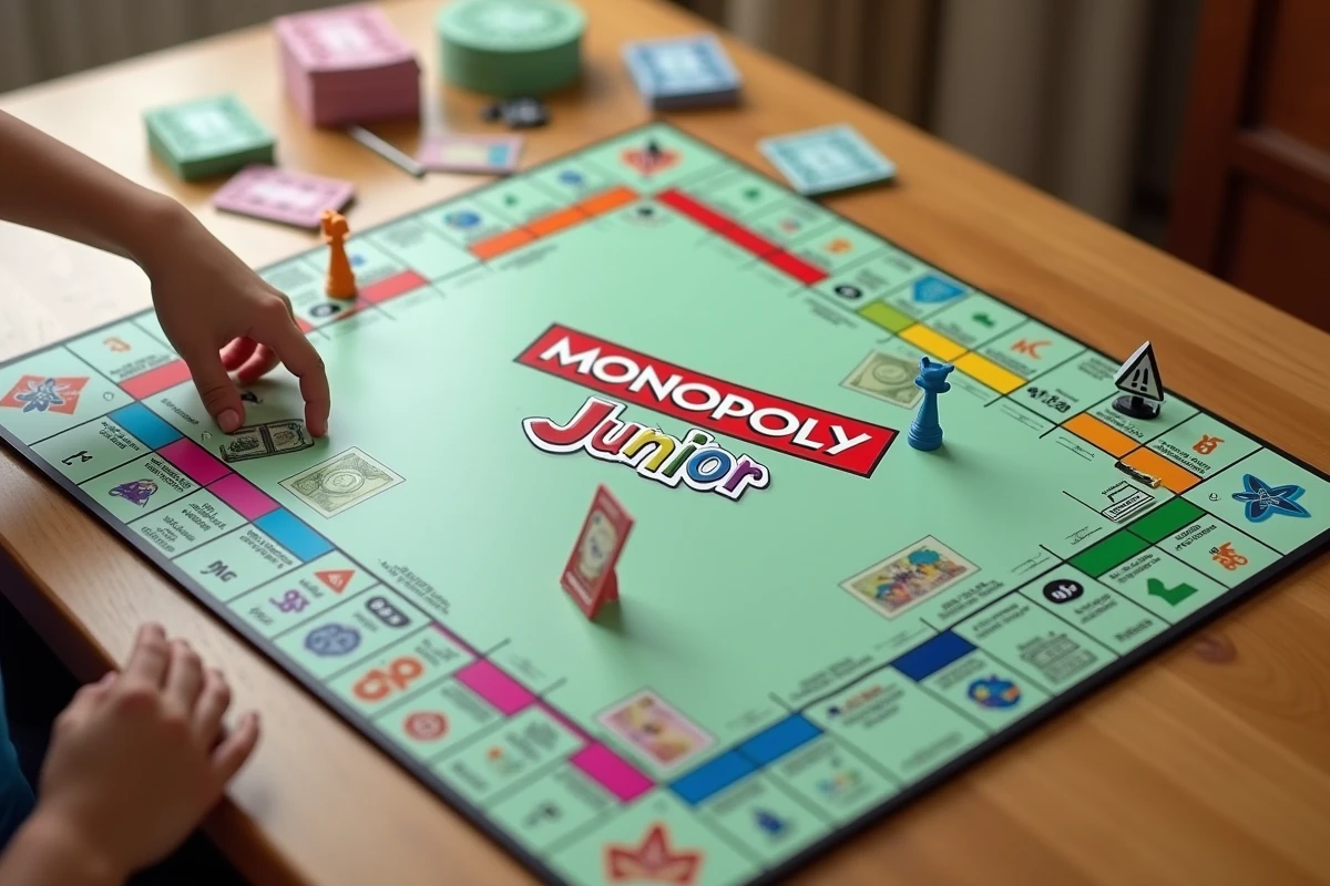 Vue aérienne du plateau de Monopoly Junior en cours de partie avec pions colorés, billets et cartes disposés sur une table en bois