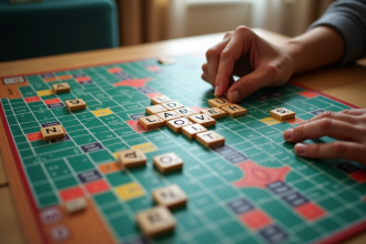 Vue aérienne d'un plateau de Scrabble en cours avec mots complexes
