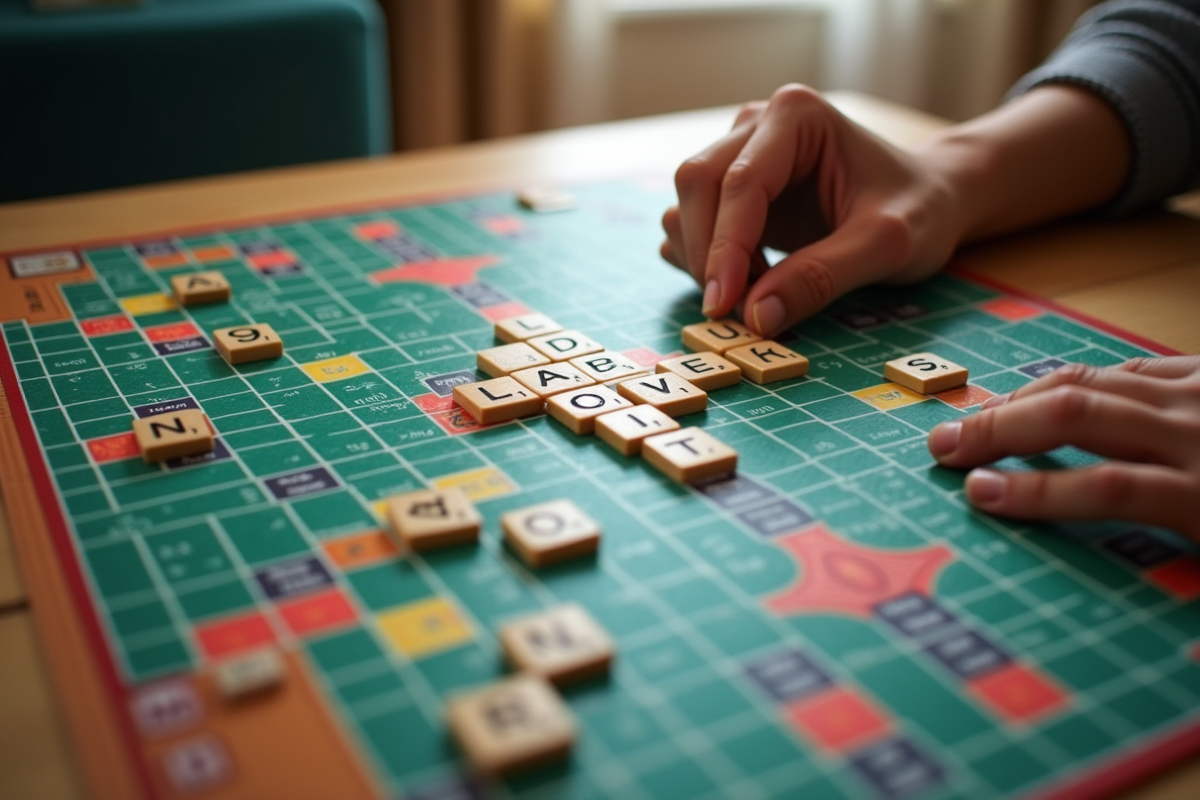 Vue aérienne d'un plateau de Scrabble en cours avec mots complexes