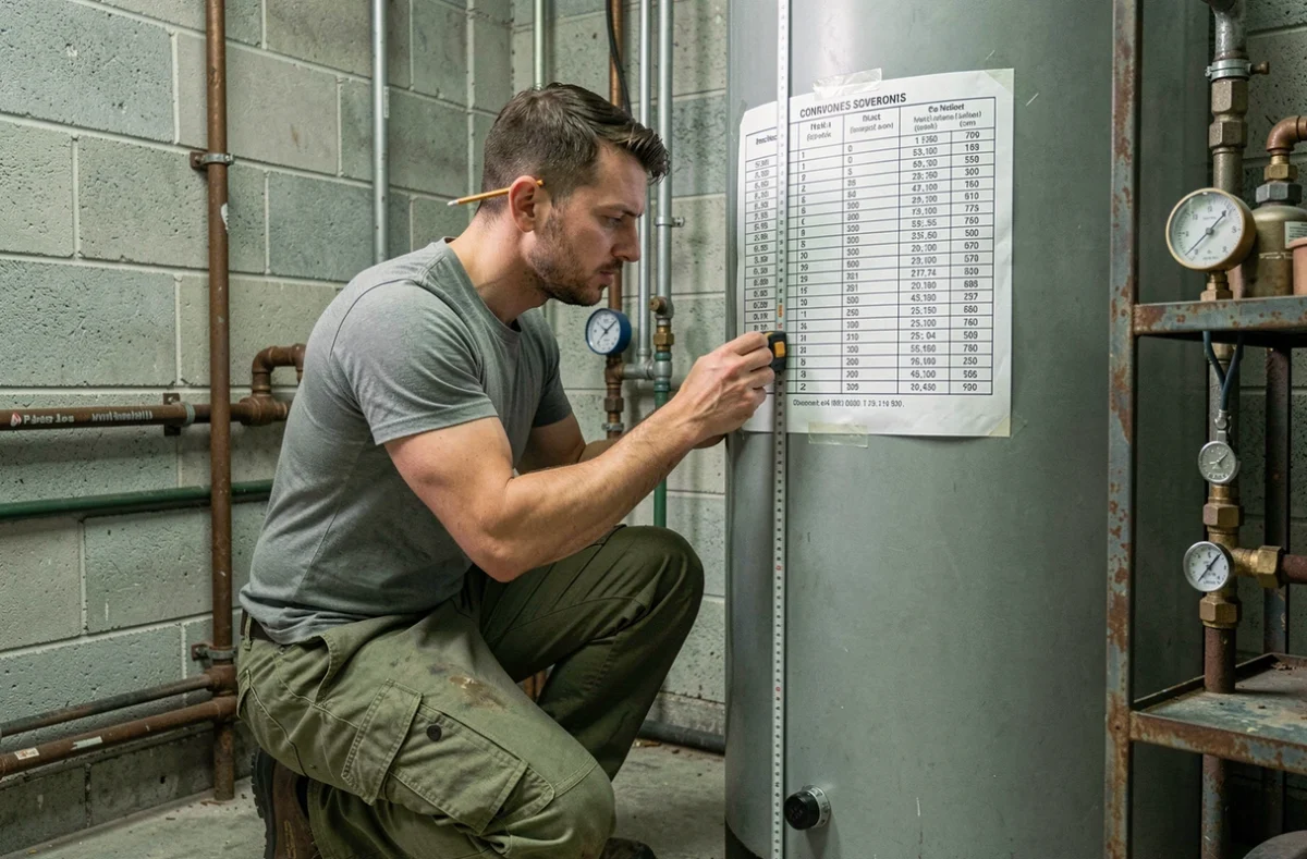 Plombier mesurant une cuve cylindrique et consultant un tableau de conversion litres m3 dans une chaufferie