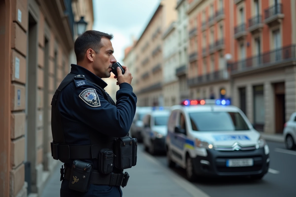 Officier de police en uniforme marine communiquant par radio lors d'une intervention à Toulouse