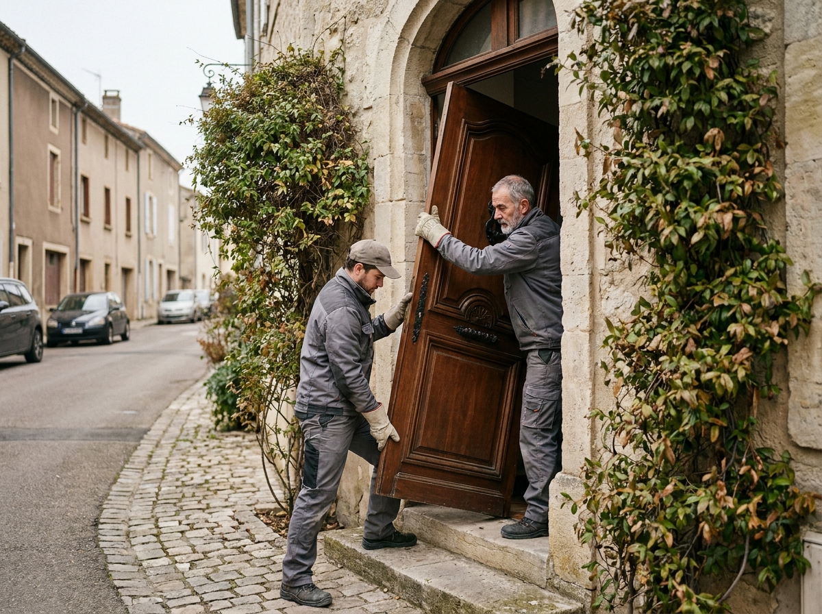 Deux menuisiers professionnels locaux posant une porte d'entrée en bois sur une facade en pierre de maison de ville française