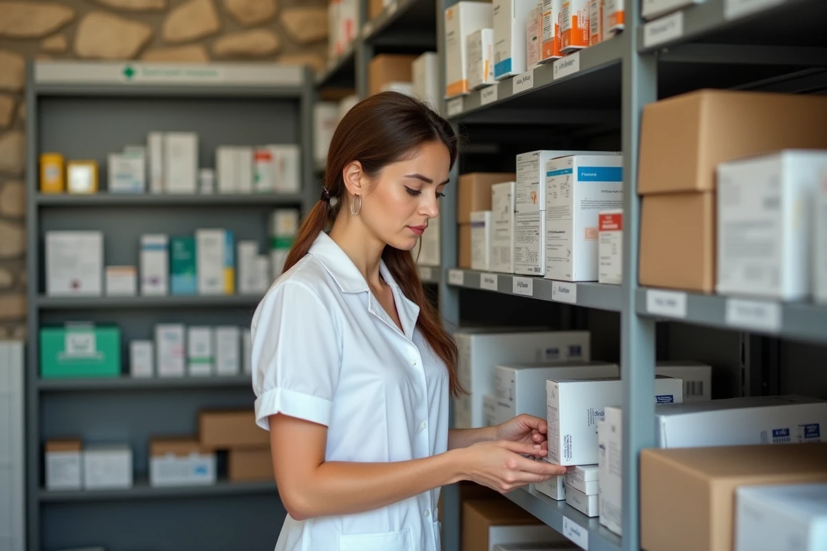 Préparatrice en pharmacie rangeant des médicaments dans la réserve d'une officine à Aix-en-Provence