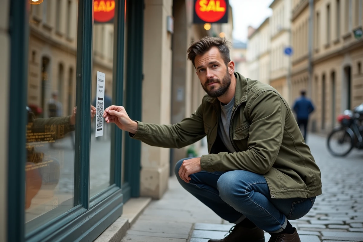 Professionnel indépendant apposant un QR code sur la vitrine de son commerce pour attirer une clientèle locale sans investissement publicitaire