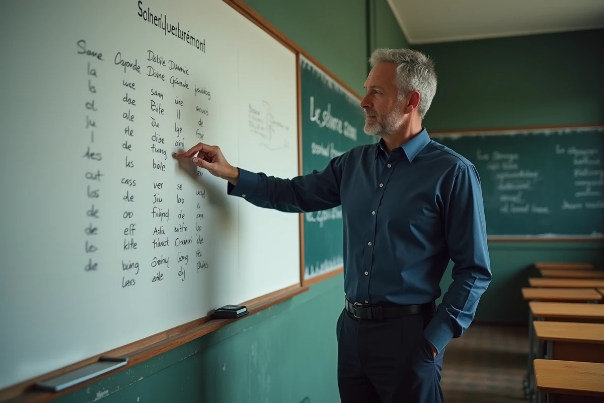 Professeur de français expliquant une conjugaison verbale devant un tableau blanc dans une salle de classe