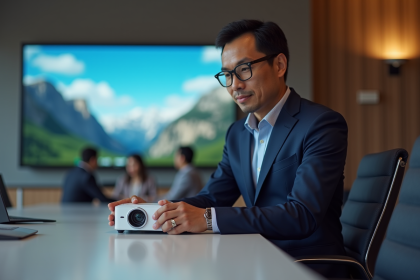 Professionnel en costume navy installant un projecteur HD en réunion