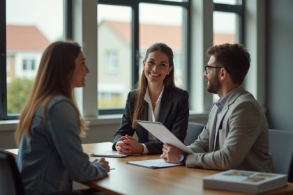 Femme professionnelle discutant avec un couple dans un bureau immobilier