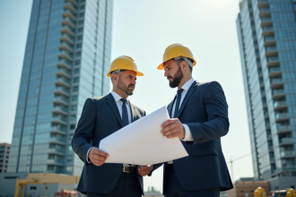 Deux professionnels de la construction examinant des plans sur un chantier moderne