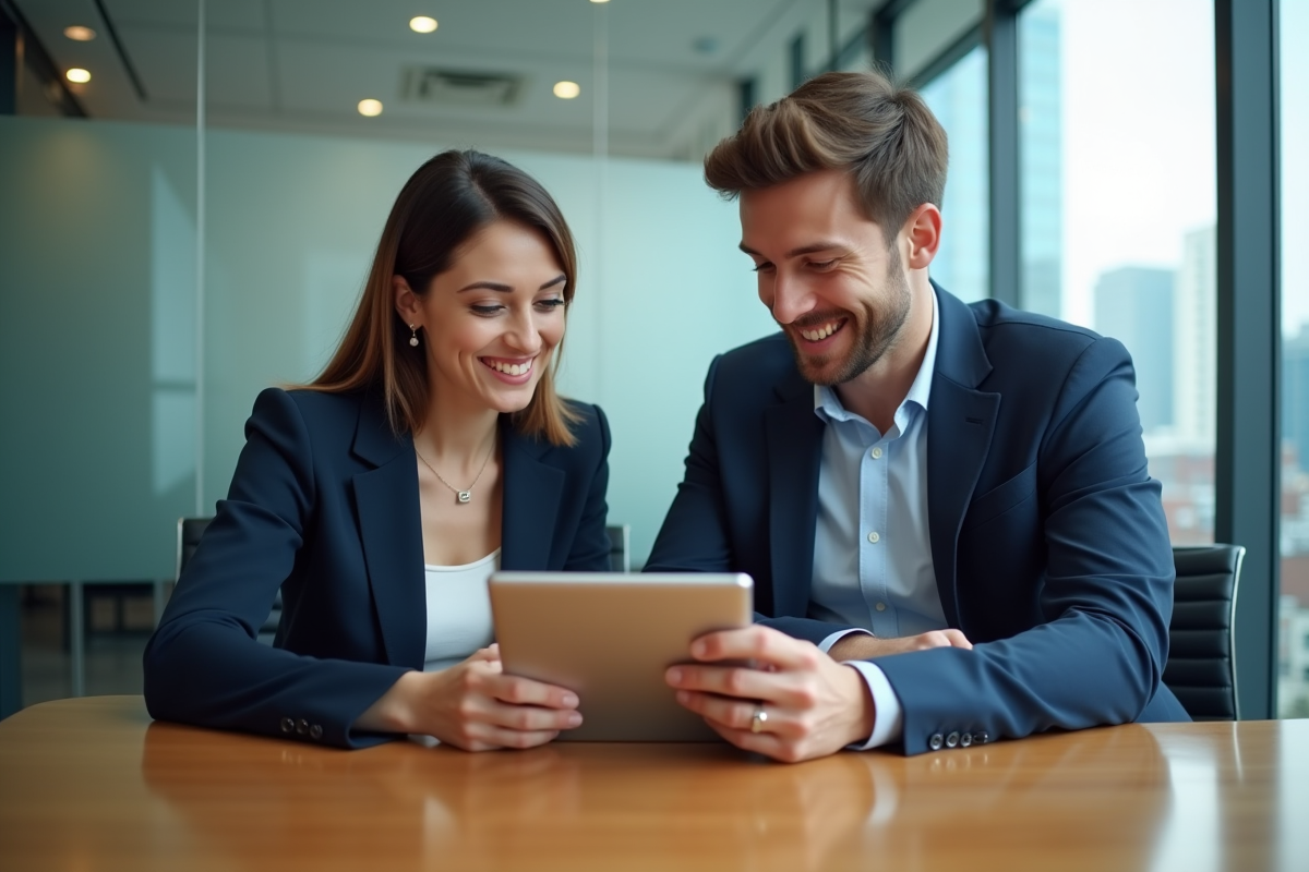 Deux professionnels discutent avec une tablette dans un bureau moderne