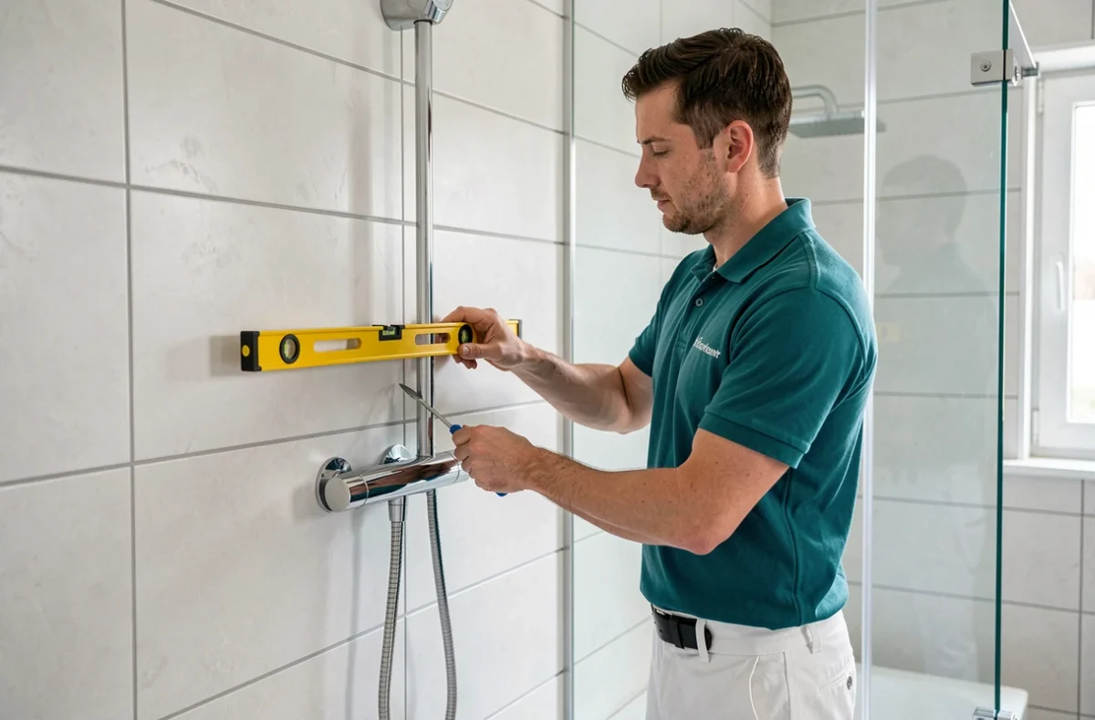 Un technicien de Proffage installe un système de douche thermostatique moderne dans une salle de bain contemporaine carrelée d'un appartement havrais