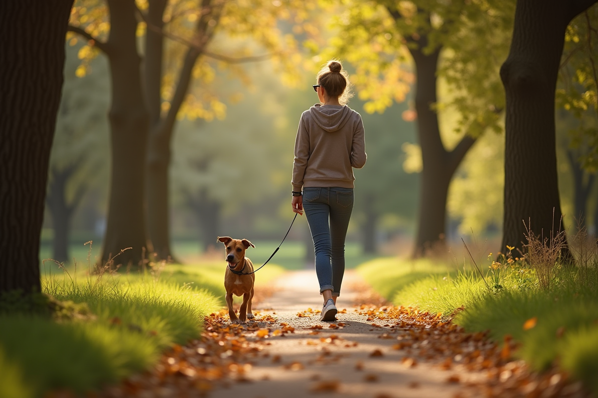 Femme marchant avec son chien dans un parc ensoleille