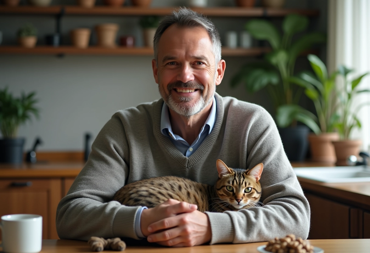 Propriétaire de chat tenant son animal dans la cuisine