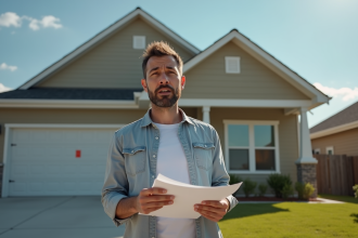 Proprietaire inquiet tenant des documents devant sa maison